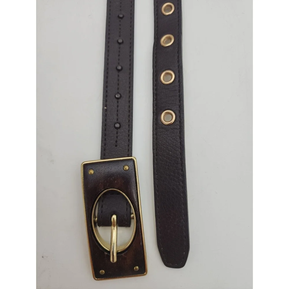 Vintage Chico's Skinny Belt Wood & Brass Rectangle Statement Buckle 35